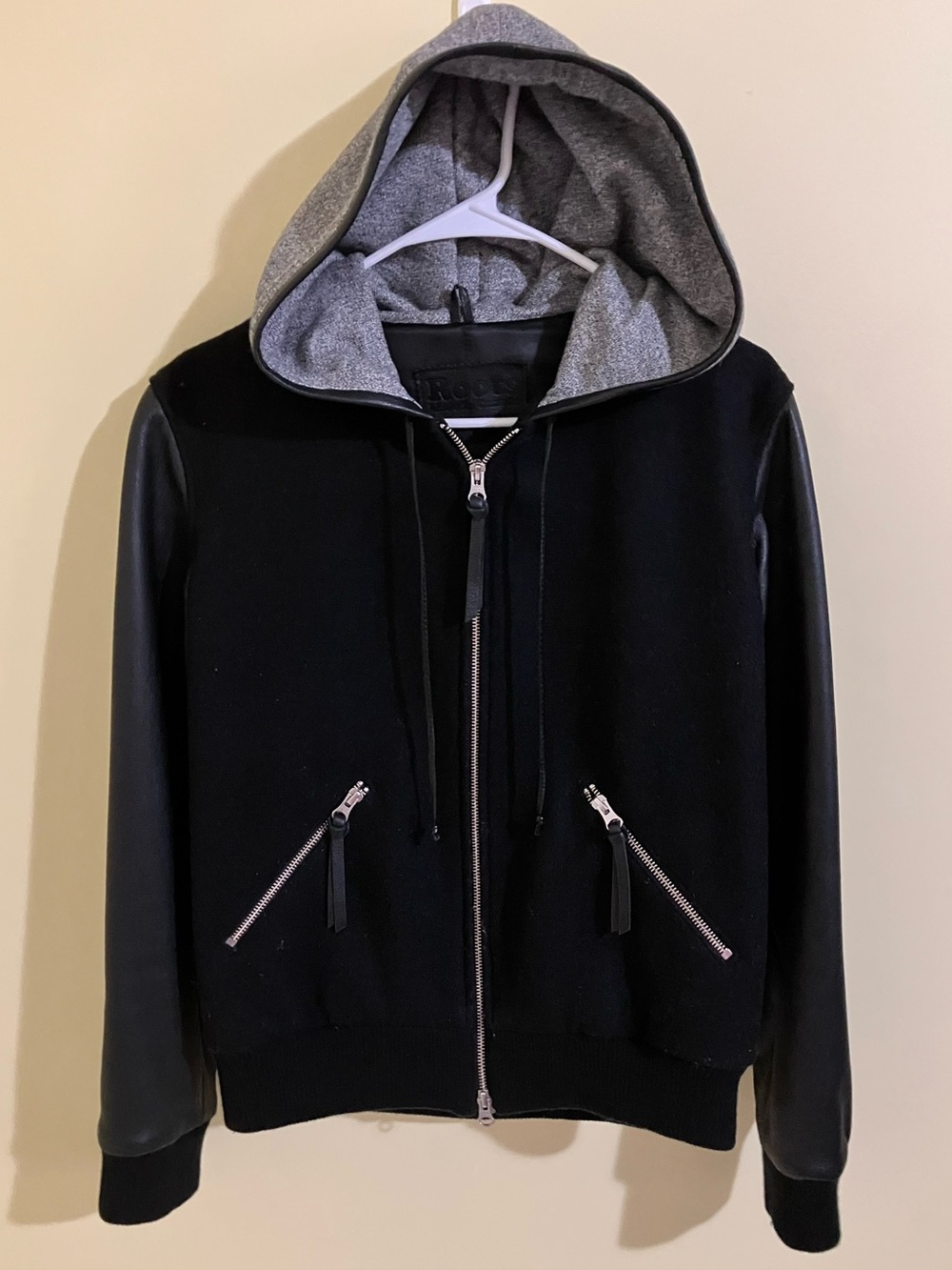Roots Canada Varsity jacket leather wool bomber women size 10 hooded full zip